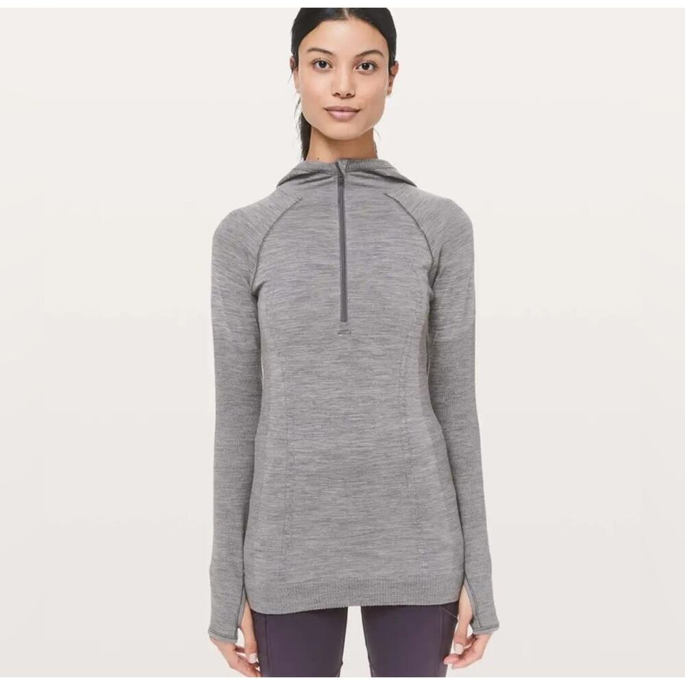 Lululemon Swiftly Tech Wool Pullover Black Gray Size 6 Seamless Thumbholes Gym